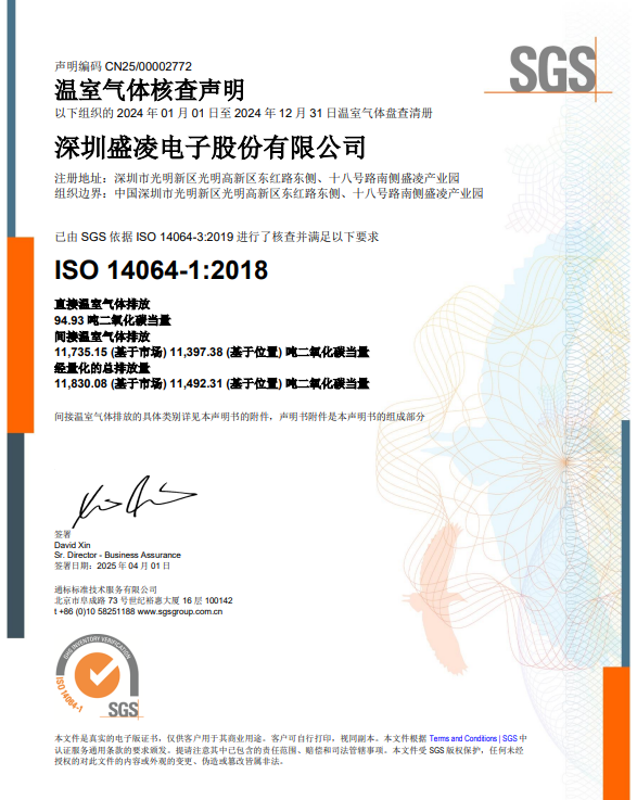 踐行綠色發展觀：盛凌電子榮獲ISO14064-1:2018溫室氣體核查證書！